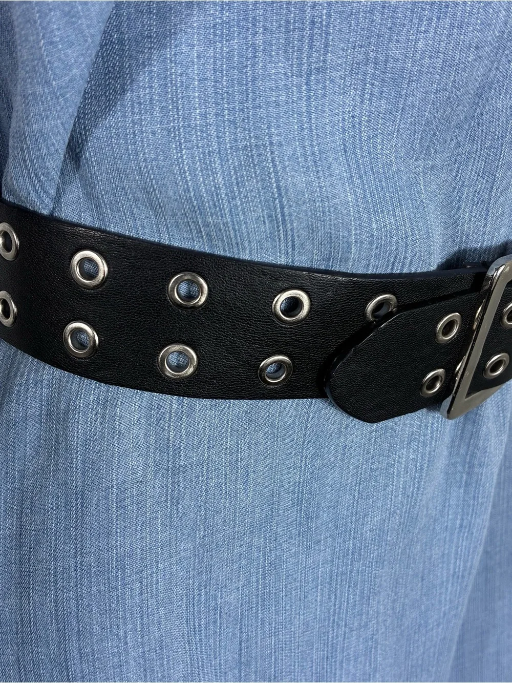 Womens belt Black faux Leather Belt double silver eyelets 34” long Y2K punk goth